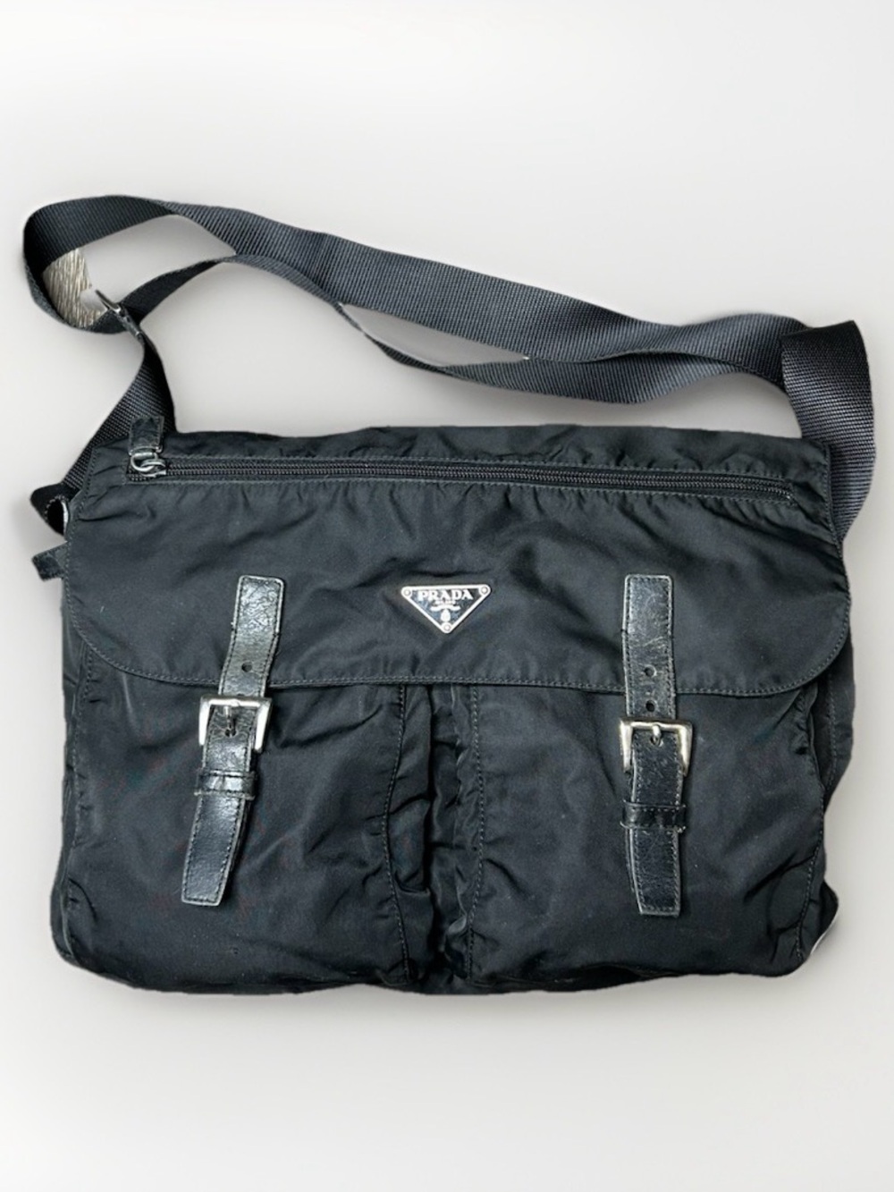 Prada Black Nylon Messenger Bag with Leather Buckles